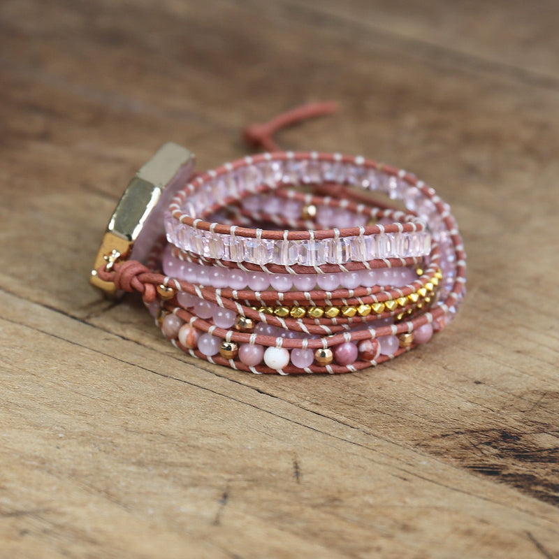 Handmade Pink Quartz Leather Bracelet